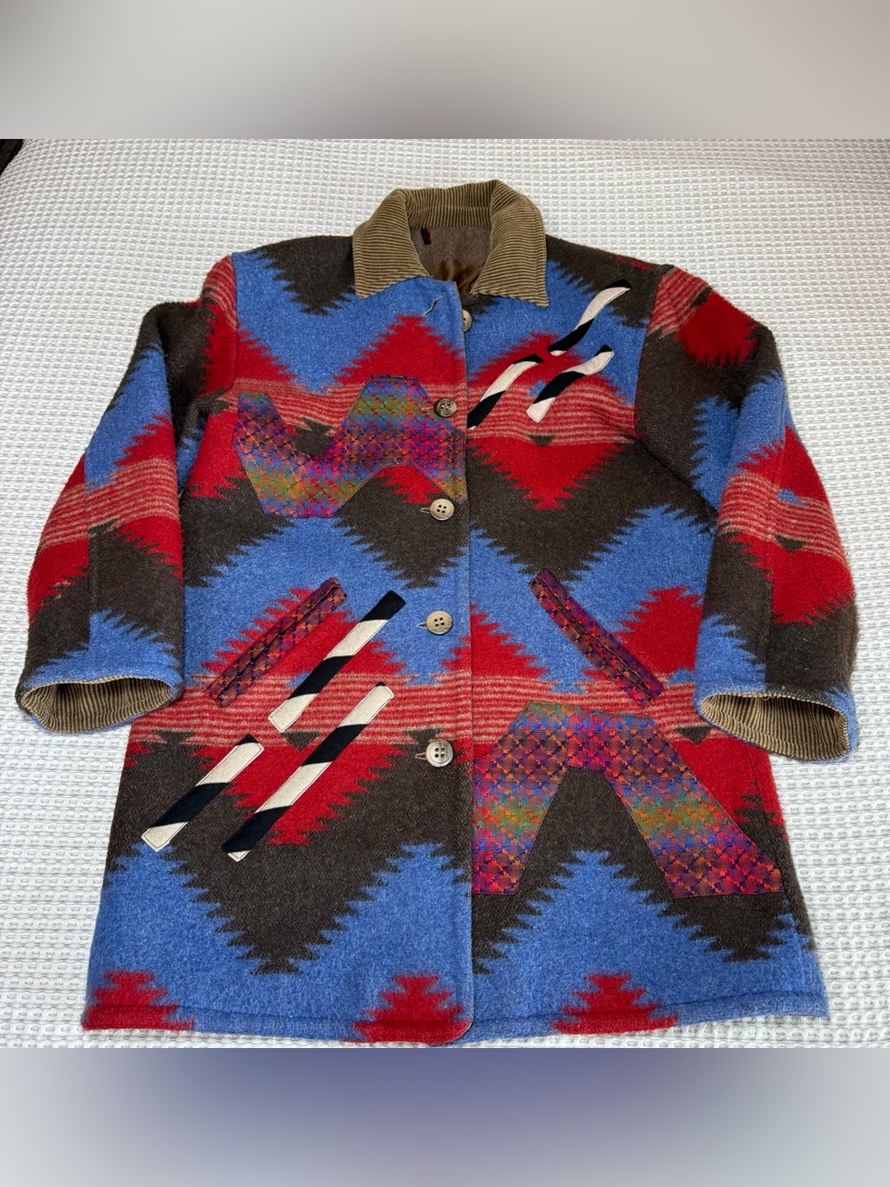 Vintage Coat Jacket Aztec Southwestern Boho Tribal Wool Blend Button Up Size L